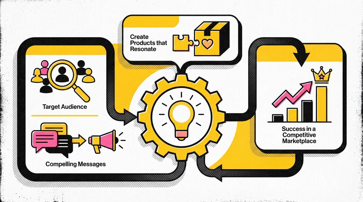 Visual representation of product marketing strategies with diverse audience engagement and impactful messaging.