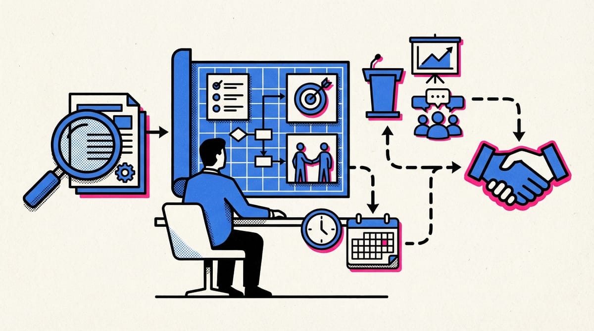 Client meeting preparation: a confident professional reviewing notes and setting up a meeting space.