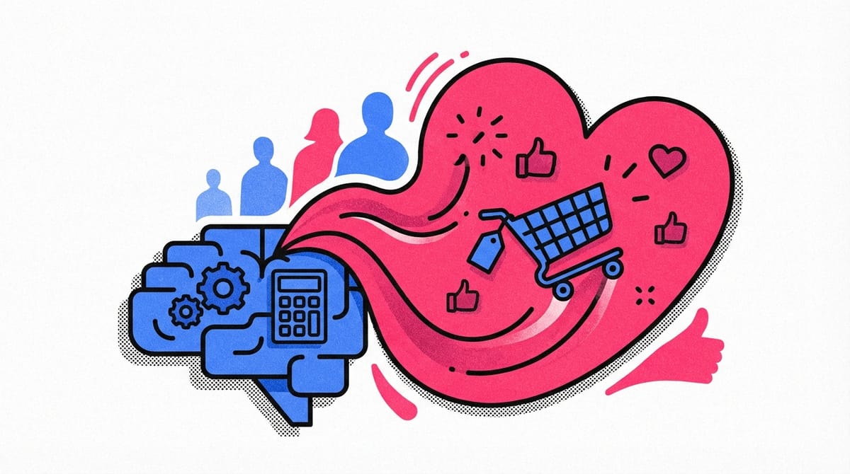 Colorful abstract shapes representing emotions swirling around shopping carts and products.