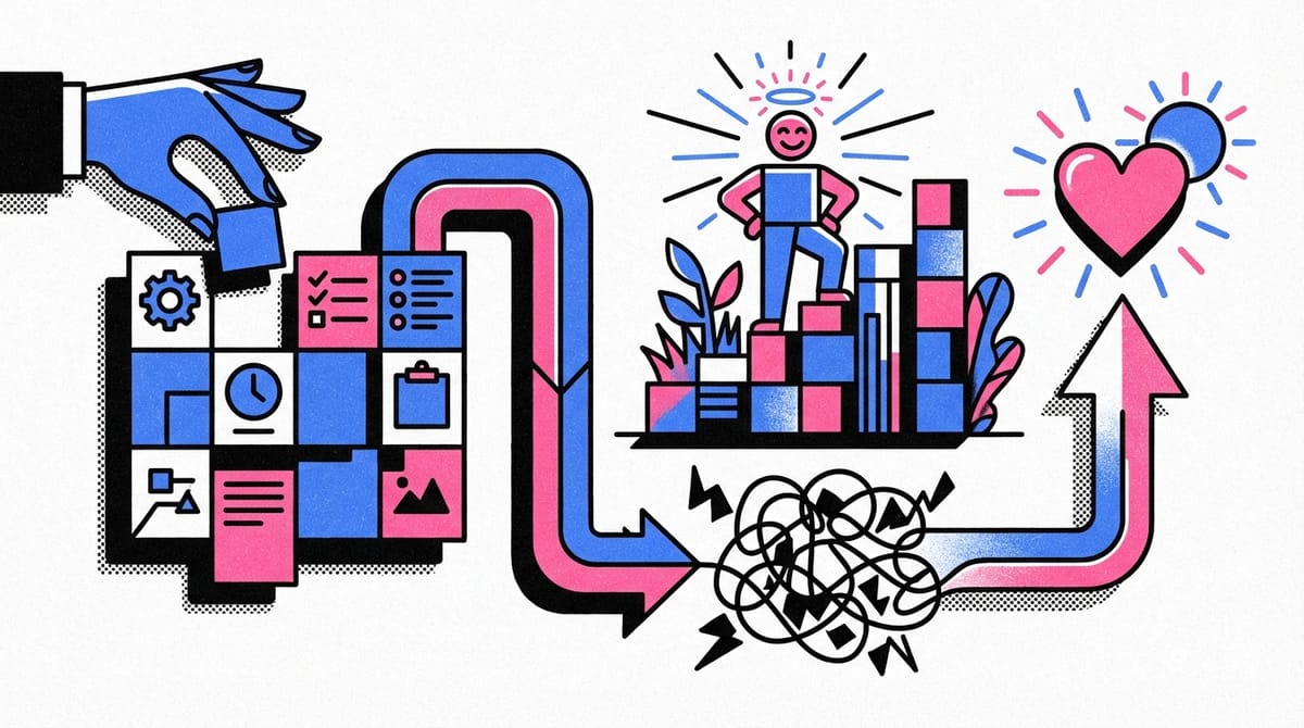 Colorful gears symbolizing productivity and happiness, intertwined with calming nature elements.