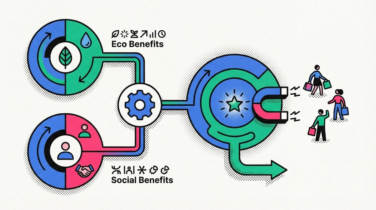 Visual representation of interconnected nature and community symbols illustrating eco-social benefits.