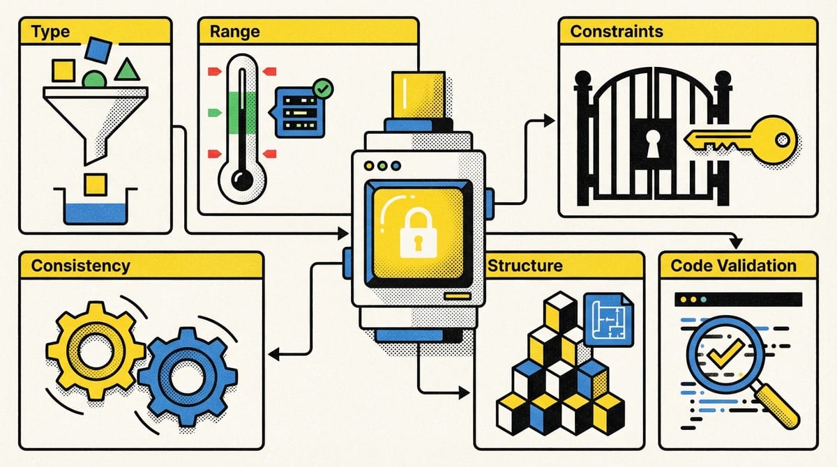 Illustration depicting various data validation techniques and processes for data integrity.