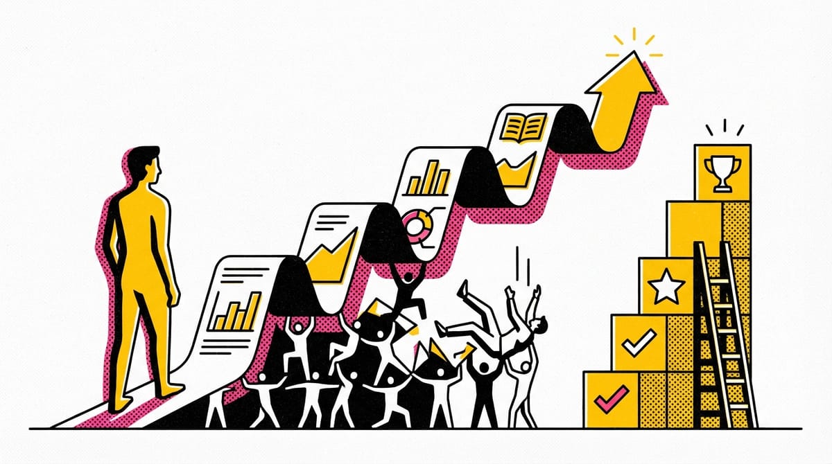 Visual metaphor of data storytelling with intertwined characters and a dramatic plot twist.
