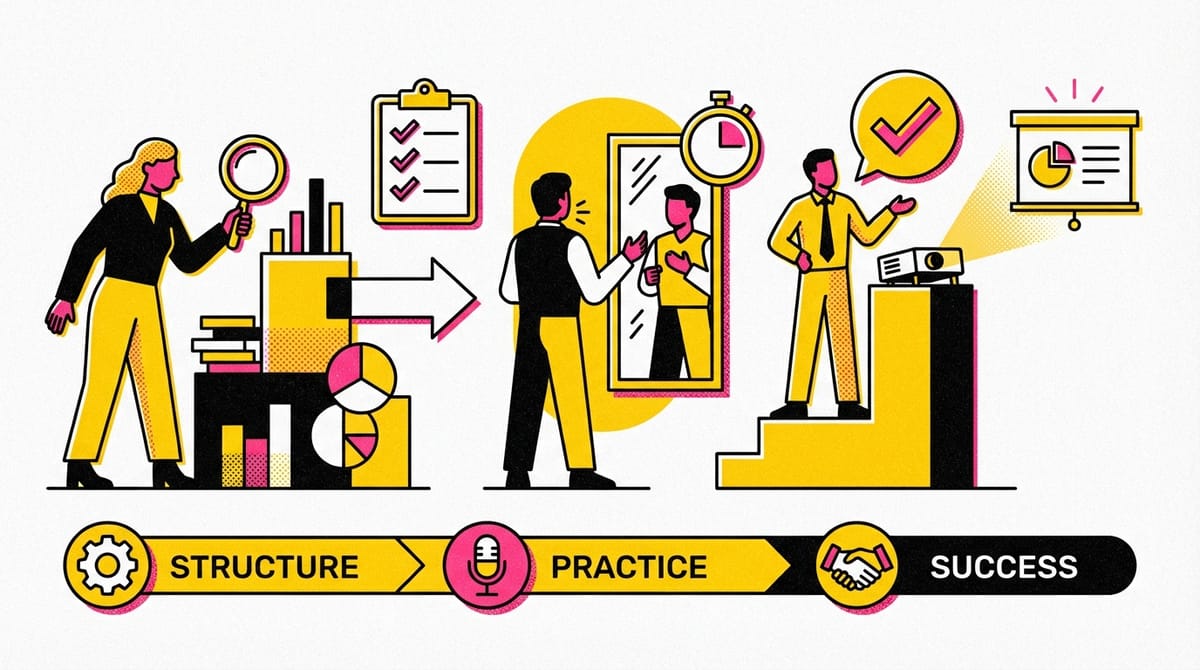 Confident speaker engaging an audience with clear gestures and visual aids.