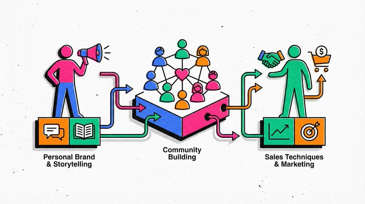 A person writing a blog, surrounded by community icons and sales symbols, symbolizing effective selling.