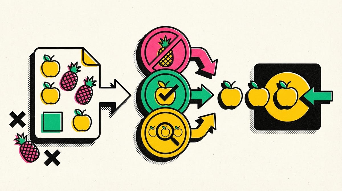 Visual metaphor of apples symbolizing relevant skills and pineapples representing distractions in job applications.