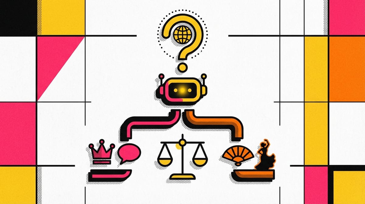 A creative depiction of a language-learning bot navigating uncertainty between English and Spanish.