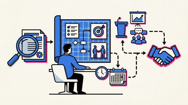 Client meeting preparation: a confident professional reviewing notes and setting up a meeting space.