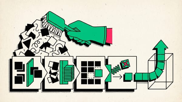 A digital scrub brush cleaning a cloud of data symbols and binary code.